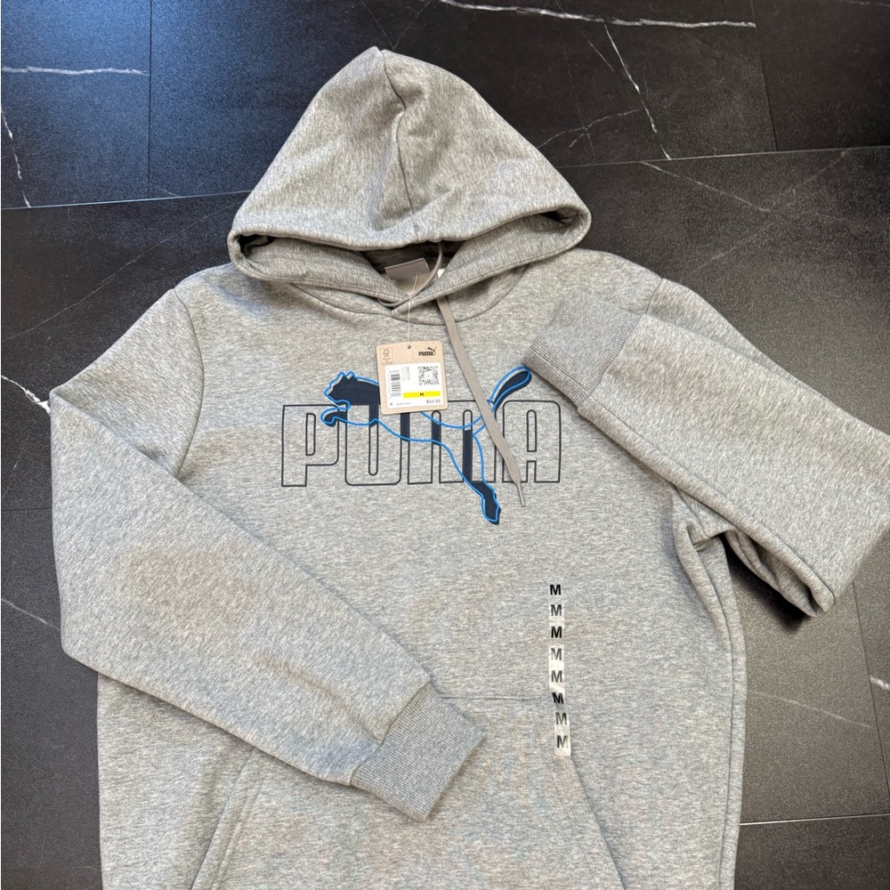 Puma Men's Heather Gray Hoodie with Blue Logo